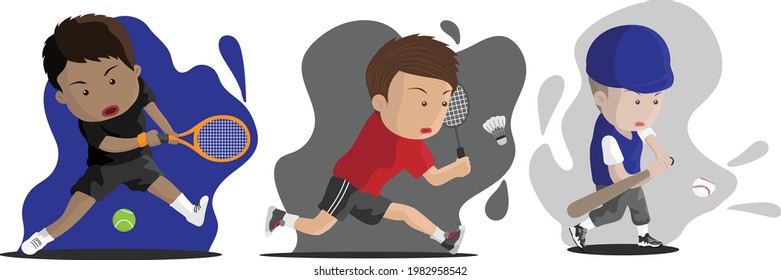 Three boys playing various sports, tennis, badminton and baseball
