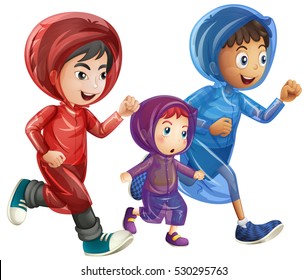 Three boys in raincoats illustration