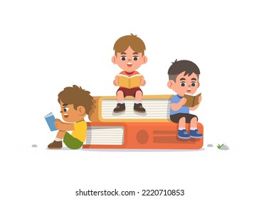 Three boys reading on the book, illustration cartoon character vector design on white background. kid and education concept.