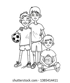 Three boys. School buddies, best friends after the game of football stand together. Black and white page coloring.