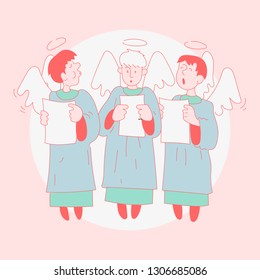 Three boys sing in the church choir. Minimalistic illustration in pastel colors. Choir sings. Hand drawn style vector design illustration