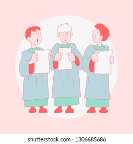 Three boys sing in the church choir. Minimalistic illustration in pastel colors. Choir sings. Hand drawn style vector design illustration