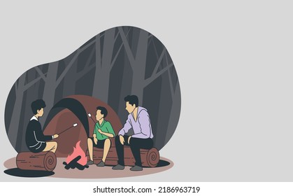 Three Boys Sit In Woods At Night Forest By The Fire And Tell Scary Stories Isolated On Gray Background. Campfire