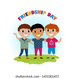 Three boys smiling, hugging and waving their hands. Happy kids best friends. Vector illustration in cartoon style isolated on white background

