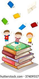 Three boys throwing books illustration
