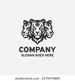 Three brave tiger head logo design vector illustration in black and white style on a white background