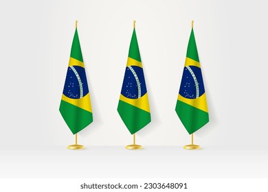 Tres banderas de Brasil en fila en un puesto de oro, ilustración de conferencia de prensa y otras reuniones. Ilustración vectorial.