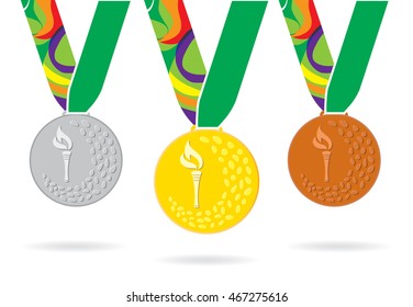 Three Brazil games medals with  flame. Gold, silver, bronze with torch.  Vector illustration