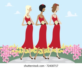 Three bridesmaids standing in their gowns.