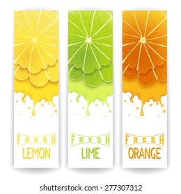 Three bright banner with stylized citrus fruit and splashes. Lemon, lime and orange fresh juice