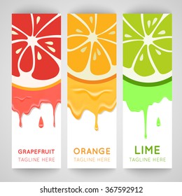 Three bright banner with stylized citrus fruit and splashes. Grapefruit, lime and orange isolated on white background. Fresh juice advertisement. Summer fresh drink. Healthy vitamin fruits. Vector