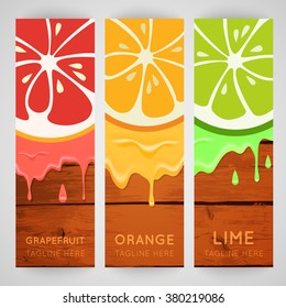 Three bright banner with stylized citrus fruit and splashes. Grapefruit, lime and orange isolated on wood background. Fresh juice advertisement. Summer fresh drink. Healthy vitamin fruits. Vector