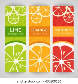 Three bright banner with stylized citrus fruit. Grapefruit, lime and orange isolated on pattern background. Fresh juice advertisement. Summer fresh drink. Healthy vitamin. Vector