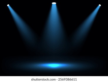 Three bright blue spotlights shine on a dark stage, creating dramatic lighting with a focused center point. Ideal for artistic photography, product highlights