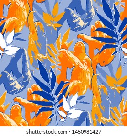 Three bright colored sloths climbing the tree surrounded by exotic leaves. Abstract vector repeated seamless pattern drawn in the technique of rough brush