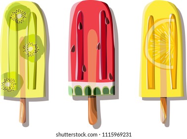 Three bright colorful delicious tasty yummy summer yellow green red dessert frozen juice of lemon, watermelon and kiwi vector illustration