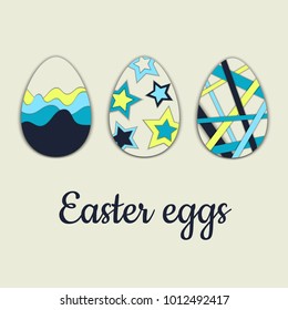 Three bright Easter eggs with colored decoration. Vector design illustration.