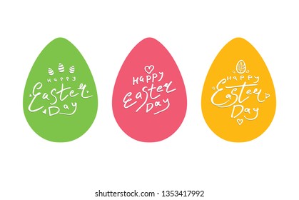 Three bright Easter eggs with handwritten logos. Happy Easter Day!