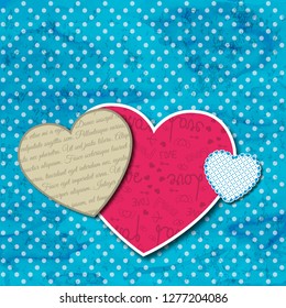 Three bright fabric different sizes hearts on dots and blue colors background vector illustration