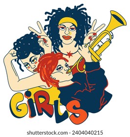 Three bright female characters. Girl power. Vector isolated illustration.