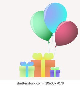 Three bright festive gift boxes with three balloons