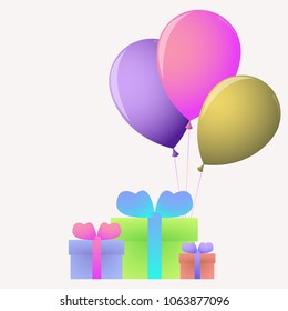 Three bright festive gift boxes with three balloons