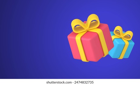 Three bright festive gift boxes wrapped by red and blue paper isometric 3d icon template vector illustration. Holiday presents decorated by yellow tissue bow ribbon for congrats isolated on white