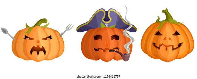 three bright halloween pumpkin masks flat. stock image picture