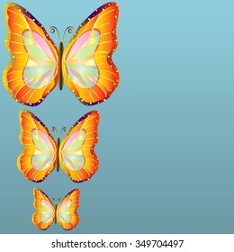 Three bright isolated tropical butterflies on a blue background.