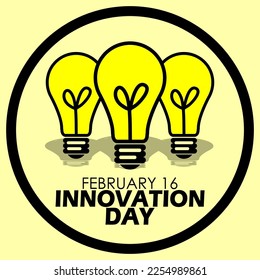 Three bright light bulbs icon with bold text in a circle frame on a light yellow background to commemorate Innovation Day on February 16