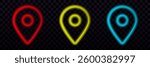 Three bright neon map pins in red, yellow, and blue create a glowing and vibrant display.