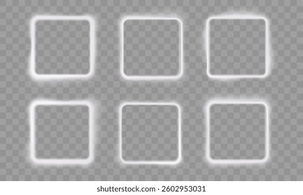 Three bright neon square outlines with diffused glow, smooth light reflections, high-tech holographic effect, transparent futuristic frames, minimalistic illuminated UI elements, digital art