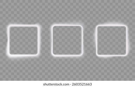 Three bright neon square outlines with diffused glow, smooth light reflections, high-tech holographic effect, transparent futuristic frames, minimalistic illuminated UI elements, digital art