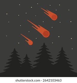 Three bright orange meteors streak across a dark night sky filled with stars, flying over silhouetted pine trees