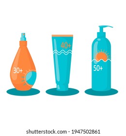 Three bright orange-turquoise tubes of different shapes of sunscreen with different SPF (sun protection factor). Vector illustration on white background