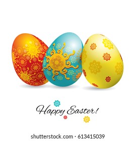 Three bright ornamental realistic Easter eggs with shadow on white background. Easter banner