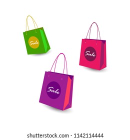 Three bright package for shopping. Vector concept of announcement of sale