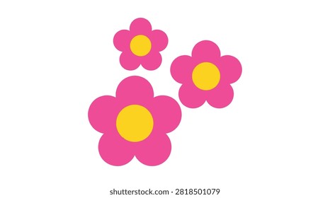 Three bright pink cartoon flowers with yellow centers grouped together on a clean white background for spring and nature designs