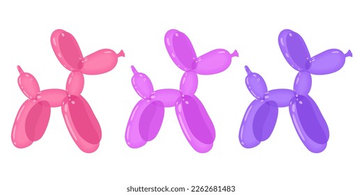 Tres perros globos rosa y violeta brillantes. Animales de burbujas en forma de cachorros. Ilustración vectorial linda aislada en fondo blanco.