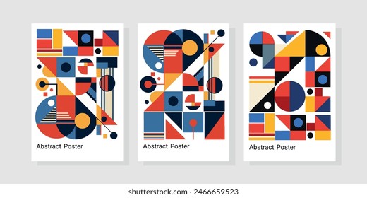 Tres carteles brillantes que muestran la abstracción geométrica de varias Formas y colores brillantes en el estilo Bauhaus.