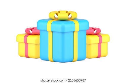 Three bright rectangle and cube wrapped festive gift boxes for celebrating Valentines, birthday, anniversary 3d icon vector illustration. Multicolored isometric Christmas present isolated on white