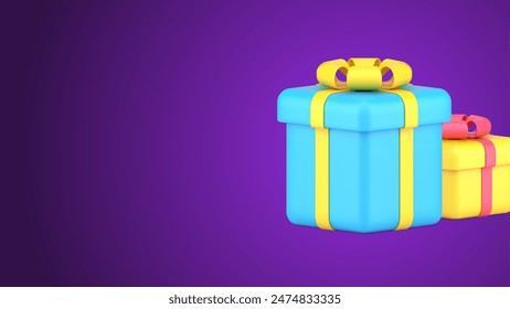 Three bright rectangle and cube wrapped festive gift boxes for celebrating Valentines, birthday, anniversary 3d icon vector illustration. Multicolored isometric Christmas present isolated on white
