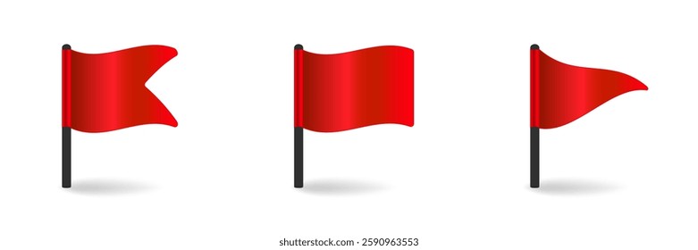 Three bright red flags wave in different shapes on black poles, symbolizing caution or danger.