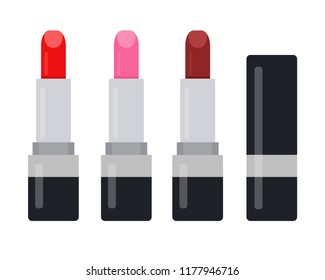 Three bright red lipsticks with a twist bar vector flat material design isolated on white