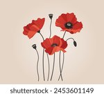 Three bright red poppies on a neutral beige background, creating a simple composition. Vector illustration for Remembrance Day or Victory Day