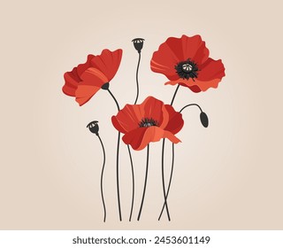 Three bright red poppies on a neutral beige background, creating a simple composition. Vector illustration for Remembrance Day or Victory Day