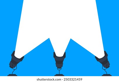 Three bright spotlights illuminate an empty space on a vibrant blue background, creating a captivating display. Simple yet striking, perfect for creative projects