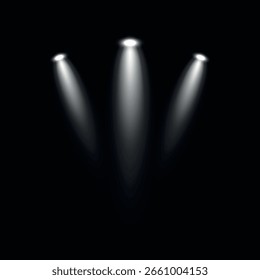 Três luzes de spot brilhantes brilham em um espaço escuro. Os holofotes criam um efeito dramático. Os holofotes focalizam a luz, destacando o centro. Os holofotes iluminam vividamente. Projetar vetor de elemento.