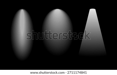 Three bright spotlights shine down. Floodlights arranged in a row cast focused beams. Bright spotlights on a dark background.
