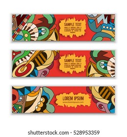 Three bright vector banners with design elements in the form of musical instruments on a bright red background. With a place for text.